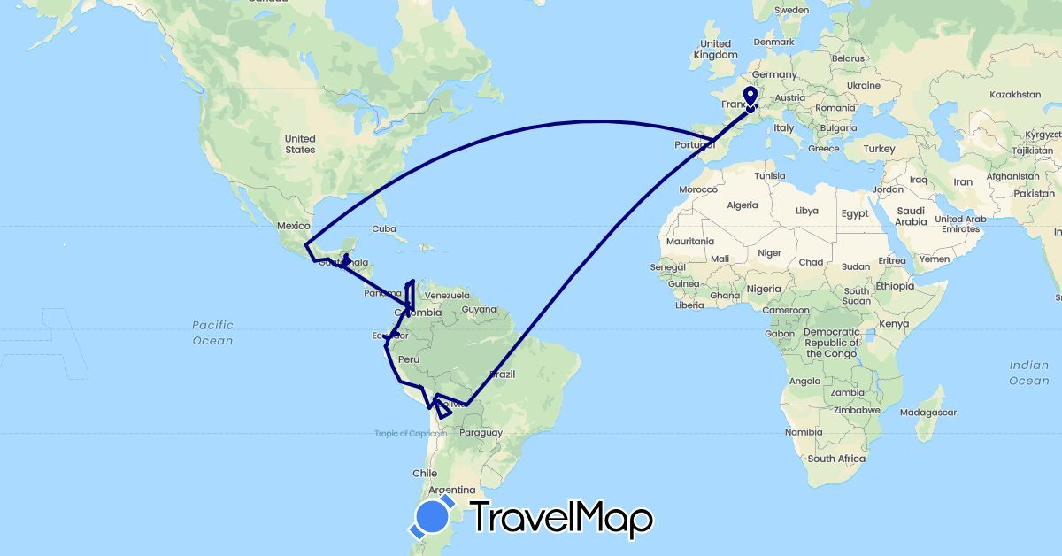 TravelMap itinerary: driving in Bolivia, Switzerland, Colombia, Ecuador, Spain, France, Guatemala, Mexico, Peru (Europe, North America, South America)